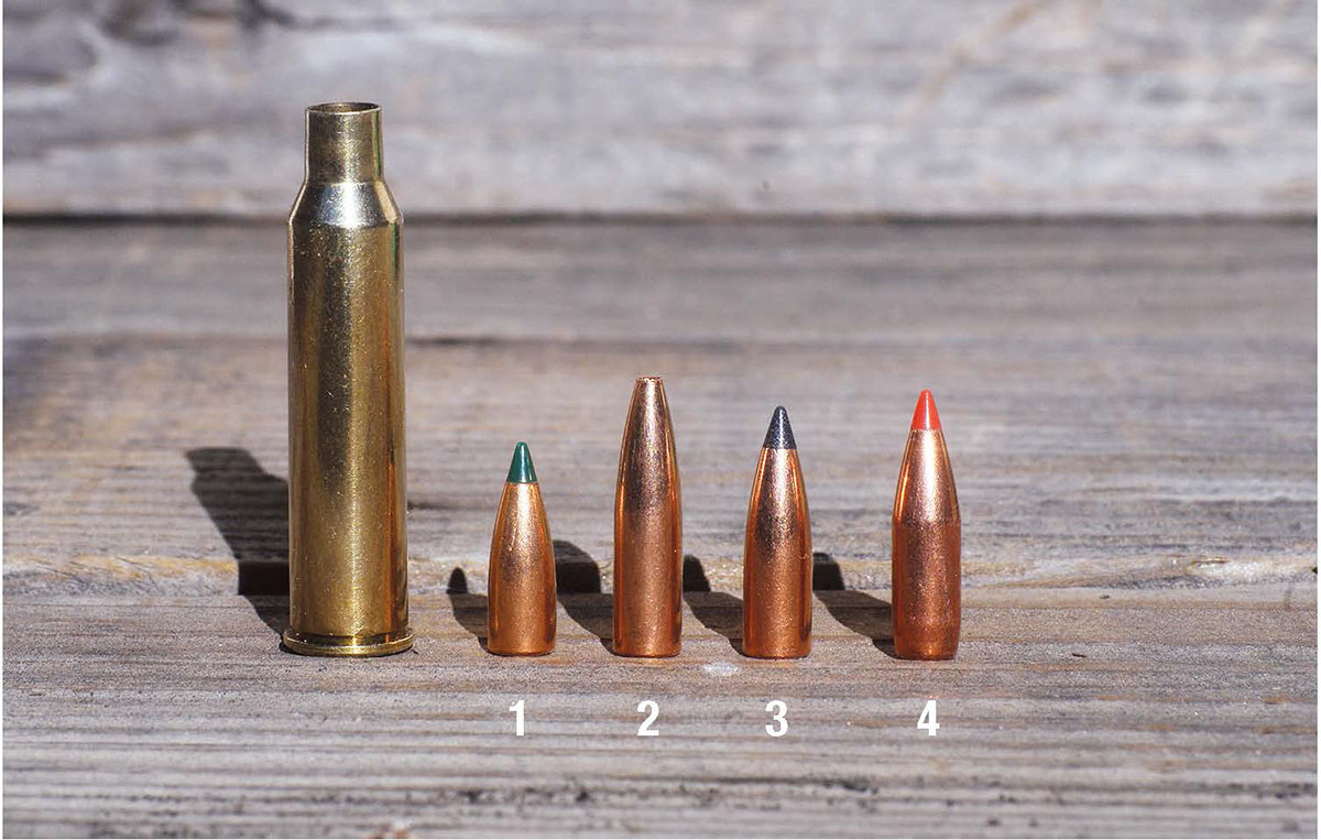 Four light 6mm bullets were used in the testing of the 6mm-225: (1) Sierra 55-grain BlitzKing, (2) Barnes 62-grain non-lead Varmint Grenade, (3) Nosler 70-grain Varmageddon and (4) Hornady 75-grain V-MAX. They are shown next to a 6mm-225 piece of brass. While the Barnes didn’t stabilize in the 1:14 twist barrel on the Contender, the other three shot very well.